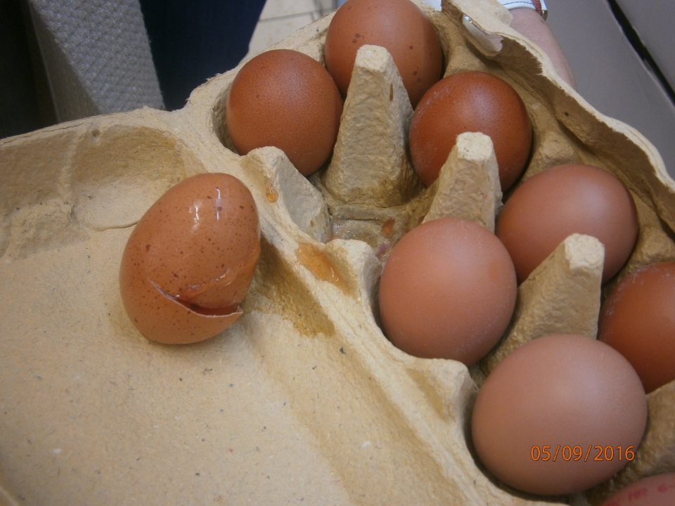 Predaj balených vajec s rozbitými kusmi s vytečeným obsahom.