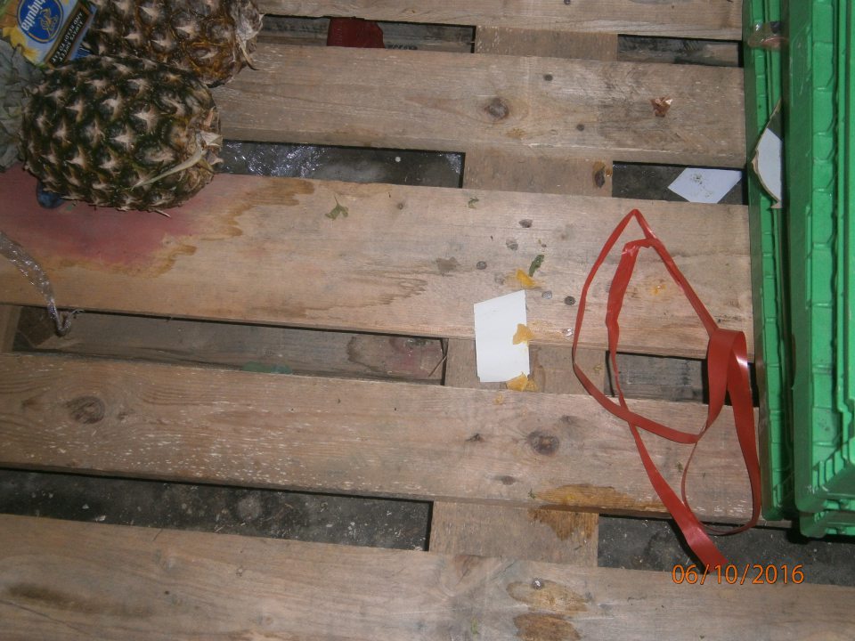 V chladenom sklade ovocia a zeleniny znečistená podlaha a palety.