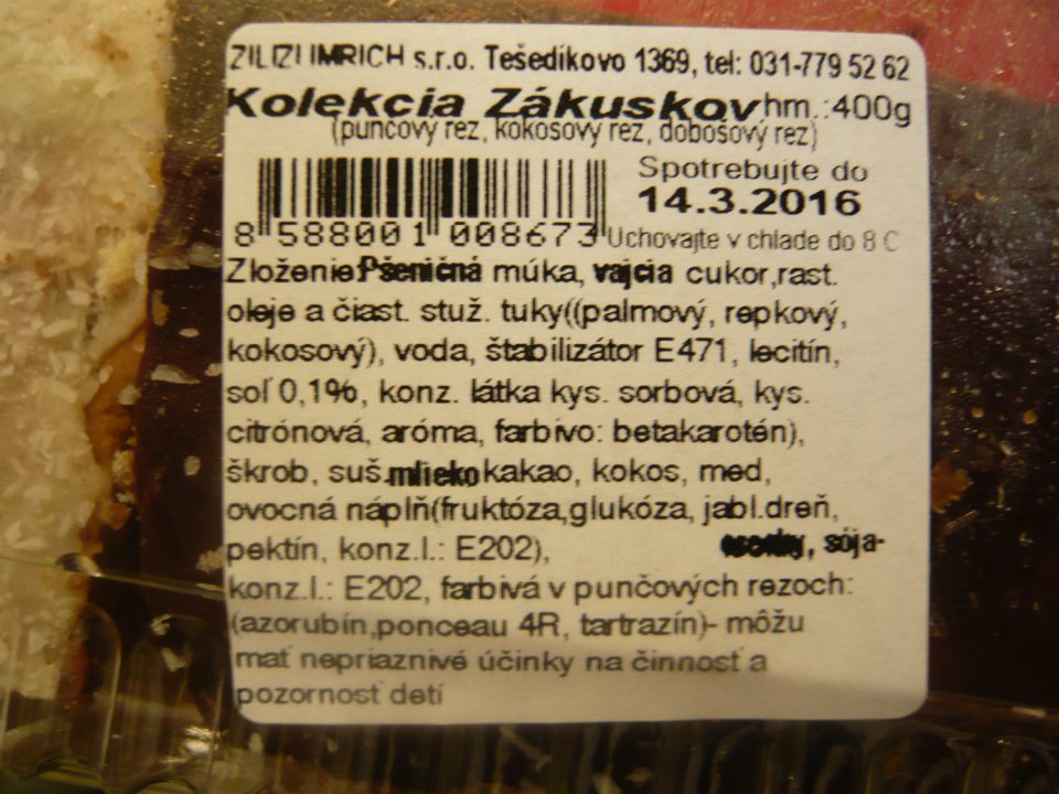 Predaj nesprávne označeného cukrárskeho výrobku, kde v zložení nie sú zložky uvedené zvlášť pre jednotlivé druhy rezov. 