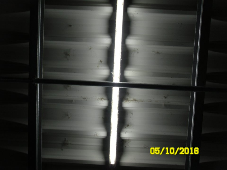 Znečistený strop skladu v príjmovej časti prevádzky.