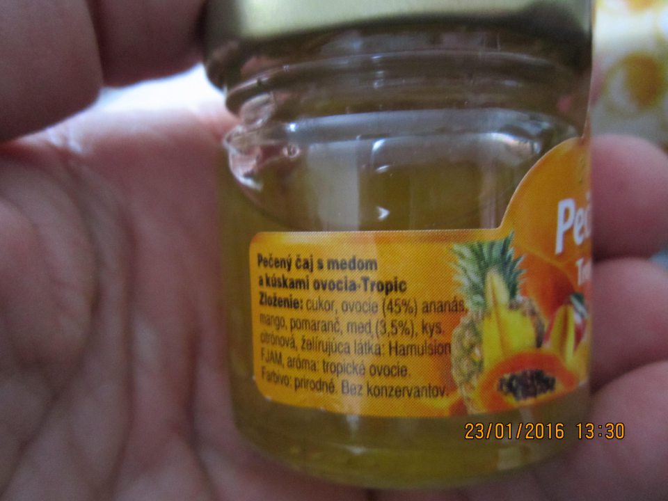 Pečený čaj s medom a kúskami ovocia- Tropic- v označení výrobku nie je uvedený návod na použitie.