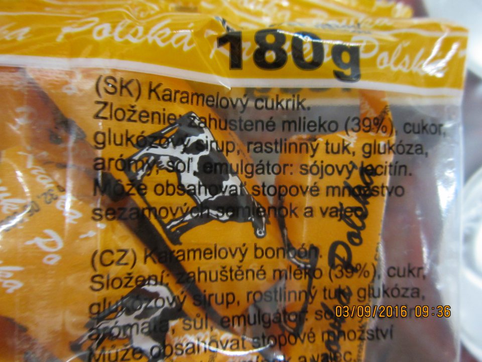 V zozname zložiek predávaného výrobku nie sú zdôraznené látky spôsobujúce alergie alebo neznášanlivosť - zahustené mlieko, vajcia, sezam, sója.