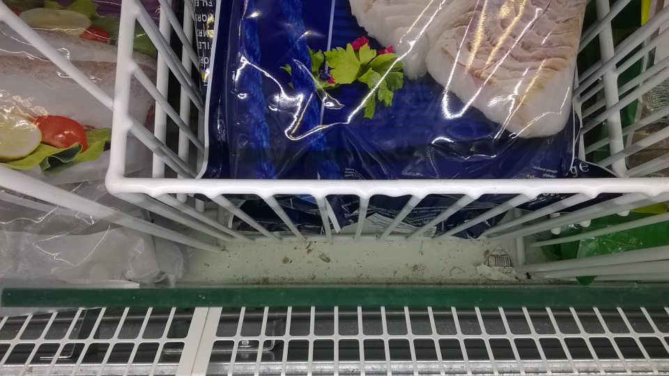 V predajni znečistená spodná časť mraziacej vane s rybacími výrobkami