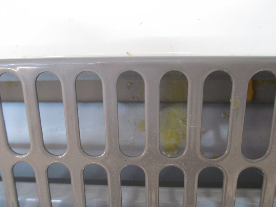 Znečistený priestor pod kovovou mriežkou na chladiacej vitríne so slepačími vajcami.