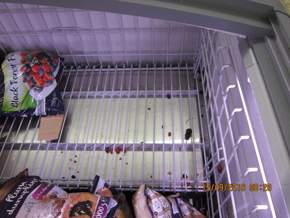 Na predajnej ploche dno mraziaceho boxu znečistené napadanými kúskami ovocia a inými nečistotami.