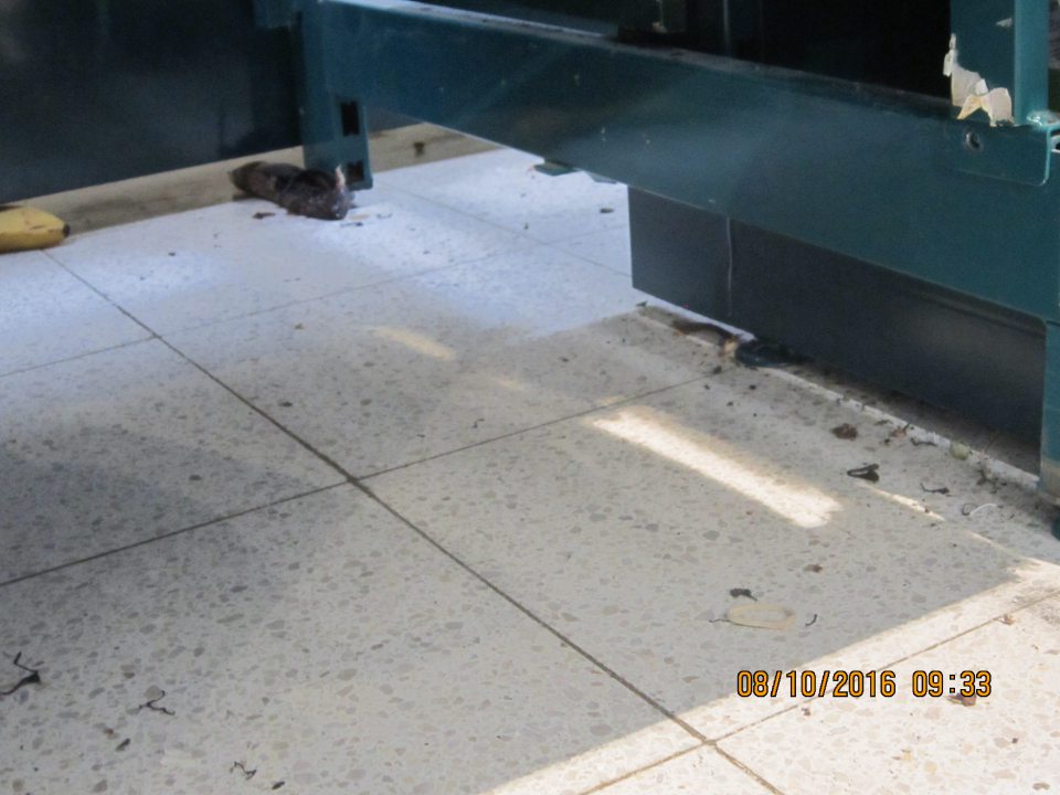 Na predajnej ploche na podlahe napadané nečistoty, prach.