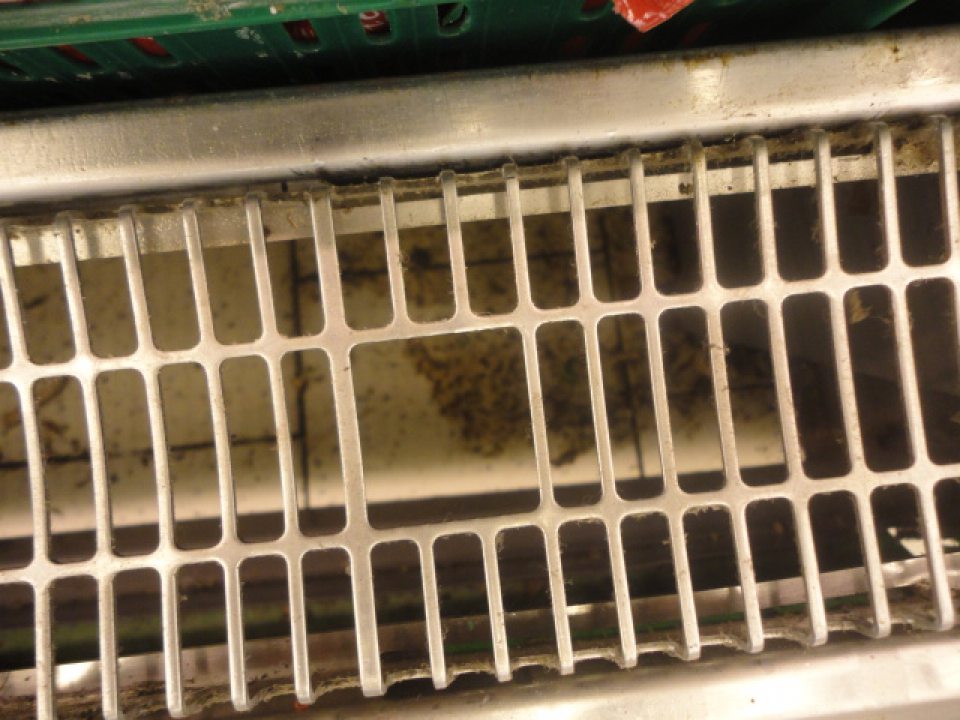 Znečistený priestor pod mriežkou chladiaceho zariadenia na balenú zeleninu