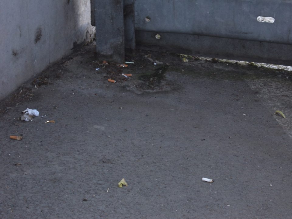  Znečistený priestor pod schodami vonku na príjme potravín (ohorky z cigariet,papiere)