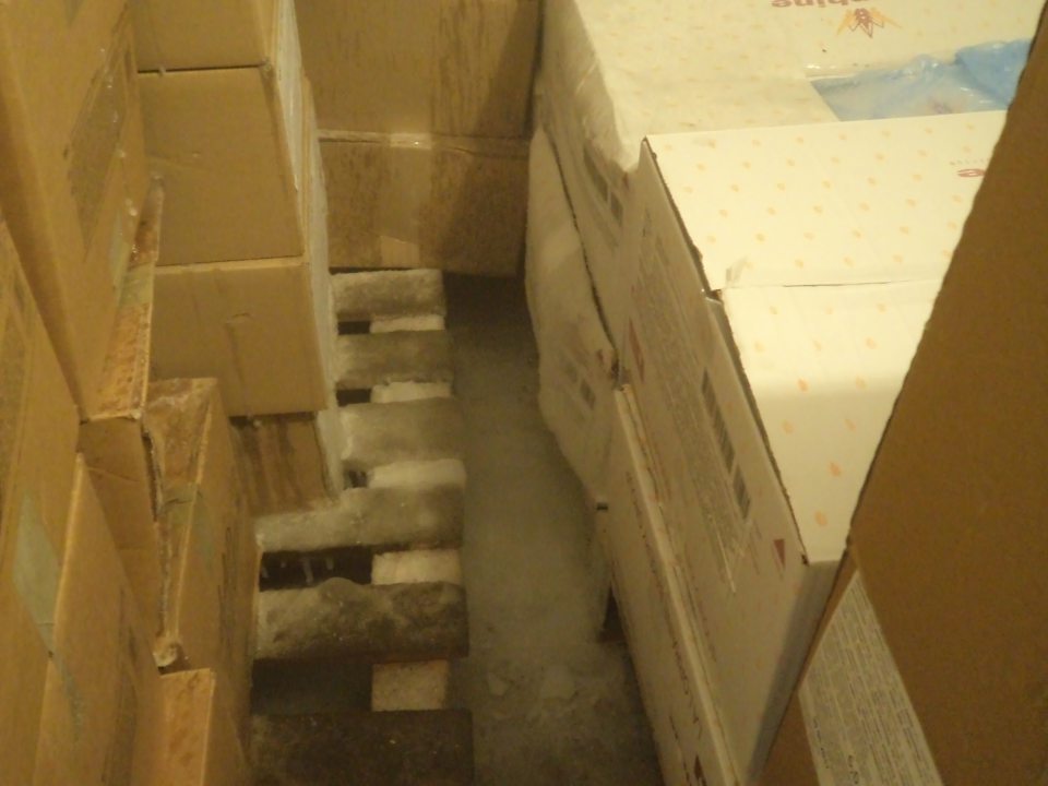 - Vrstva námrazy na podlahe a kartónových obaloch v mraziacom boxe s hlbokozmrazenými pekárskymi polotovarmi