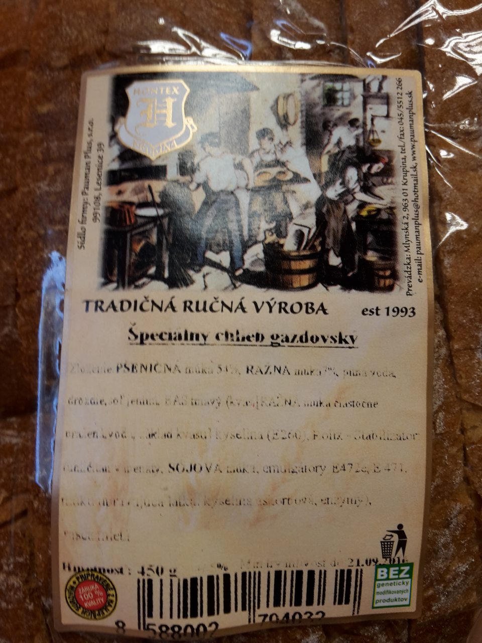 Balené pekárenské výrobky- chlieb - údaje o zložení potraviny sú nečitateľné.
