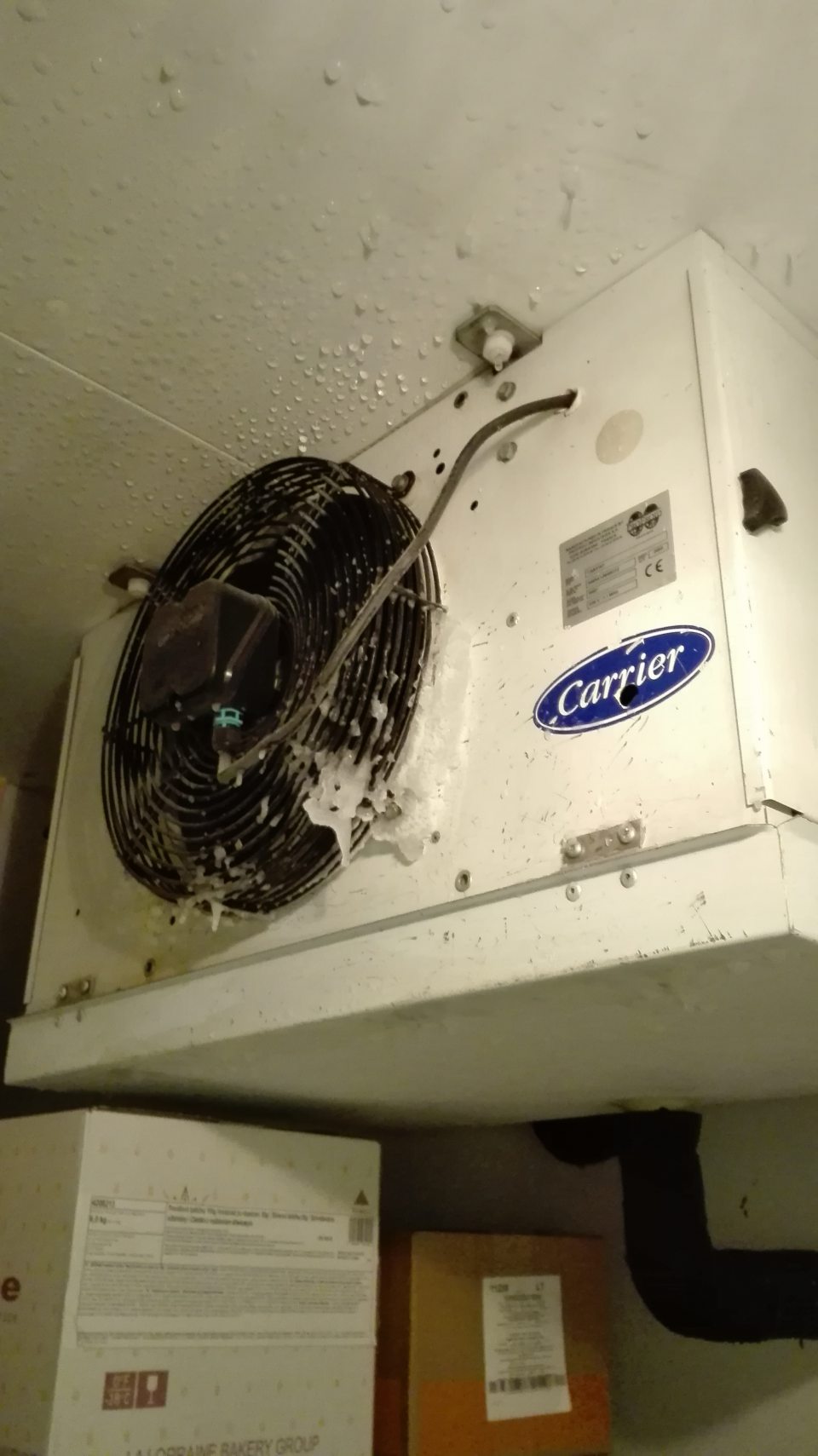 Námraza na agregáte a na strope v mraziarni dopekárne.