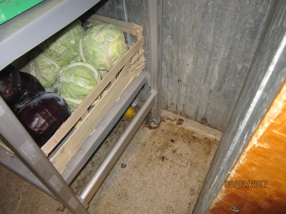 V chladiacom boxe prevádzky znečistená podlaha a stena. 