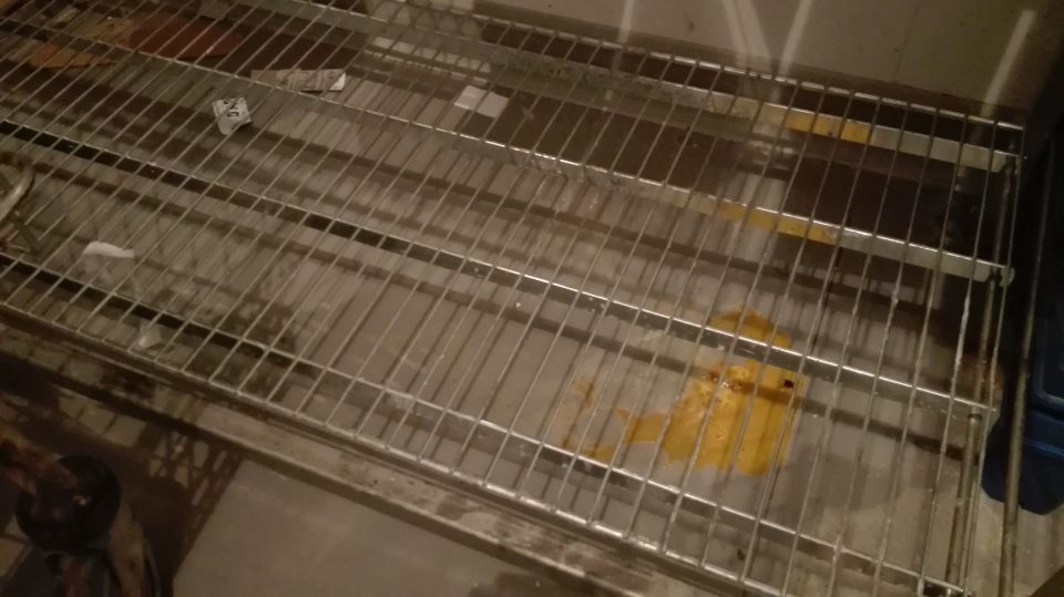 Znečistená zatečená podlaha v chladiarni mliečnych výrobkov.