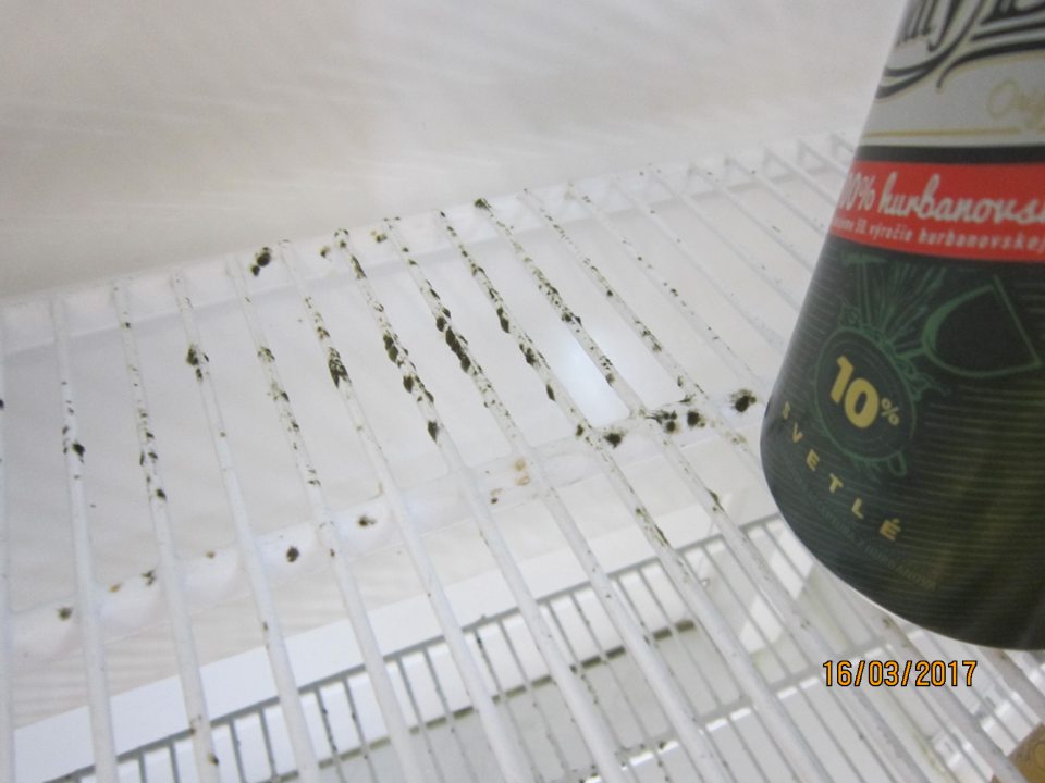 V prevádzke polica v chladiacej vitríne na pivo znečistená plesňou.