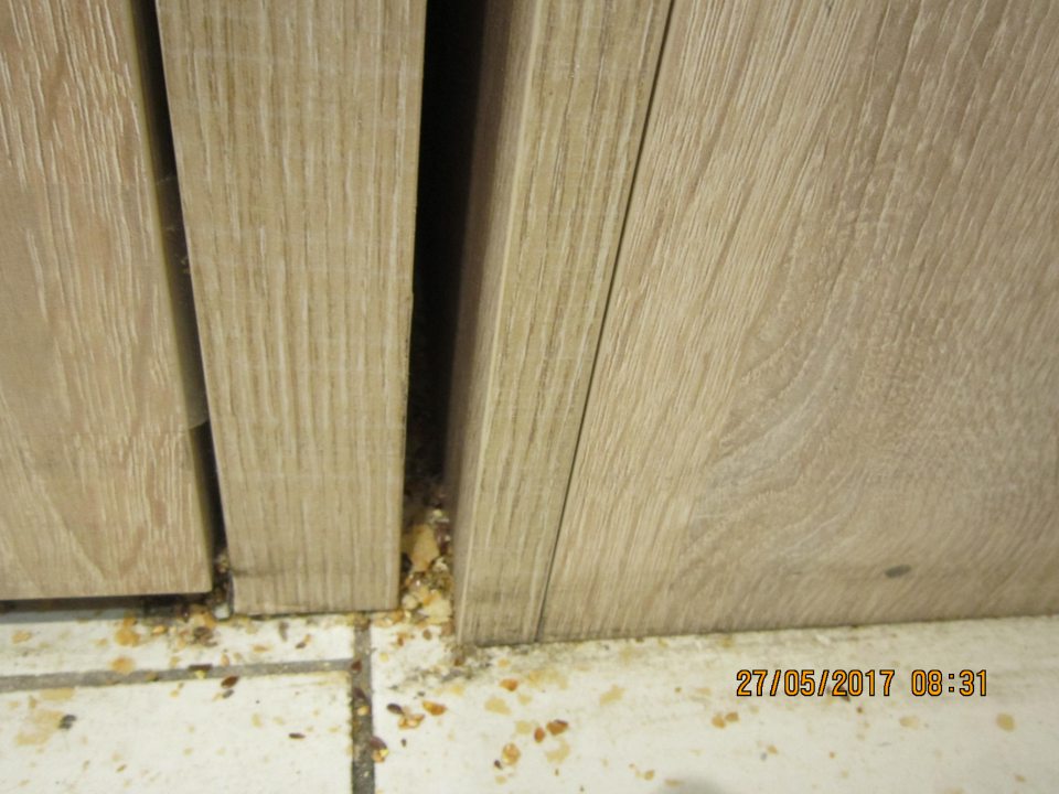 Na predajnej ploche zbytky potravín pod regálmi s pekárenskými výrobkami.