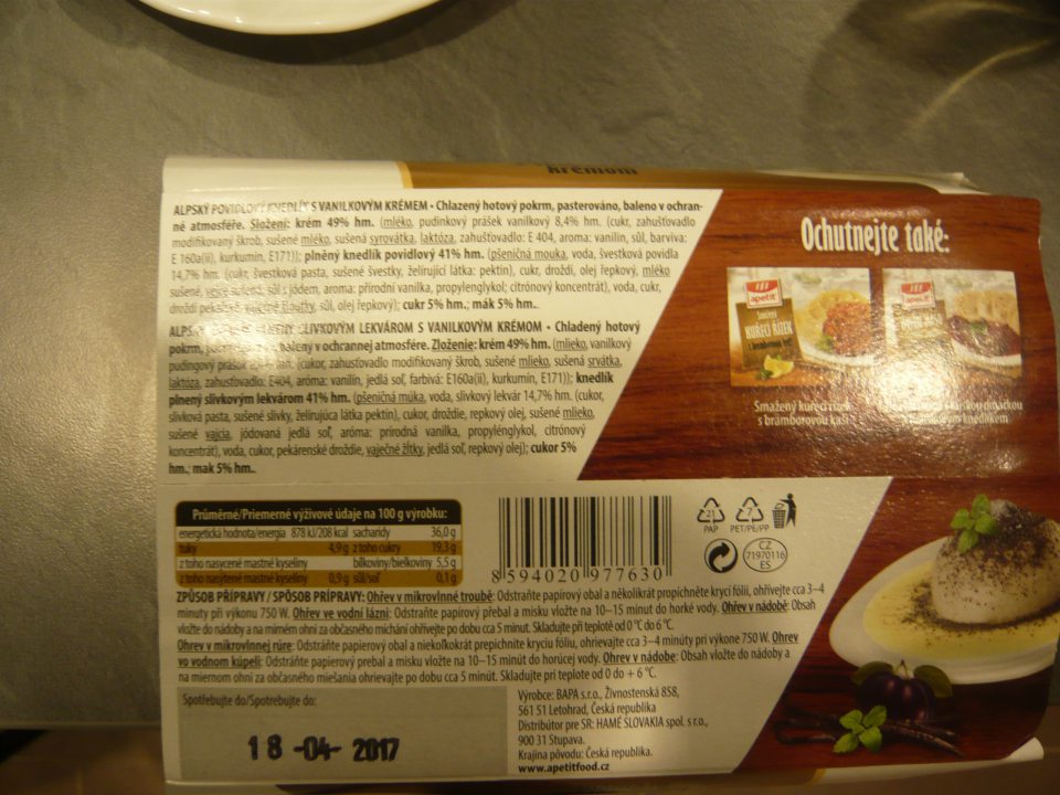 Nesprávne označený 1 druh potravinárskeho výrobku, u ktorého v označení je uvedená zložka vanilkový krém, pričom v zložení krému je uvedená zložka vanilín
