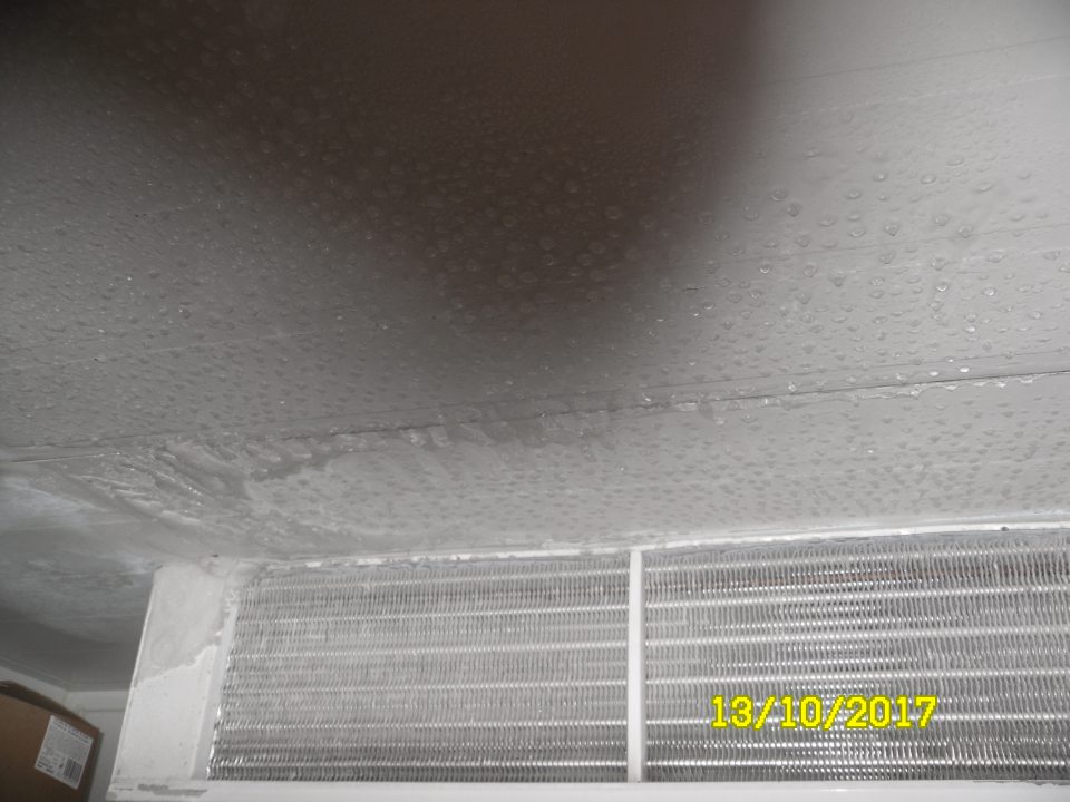 Neúmerná vrstva zamrznutého kondenzu v mraziarenskom boxe s uchovávanými mrazenými pekárskymi polotovarmi. 