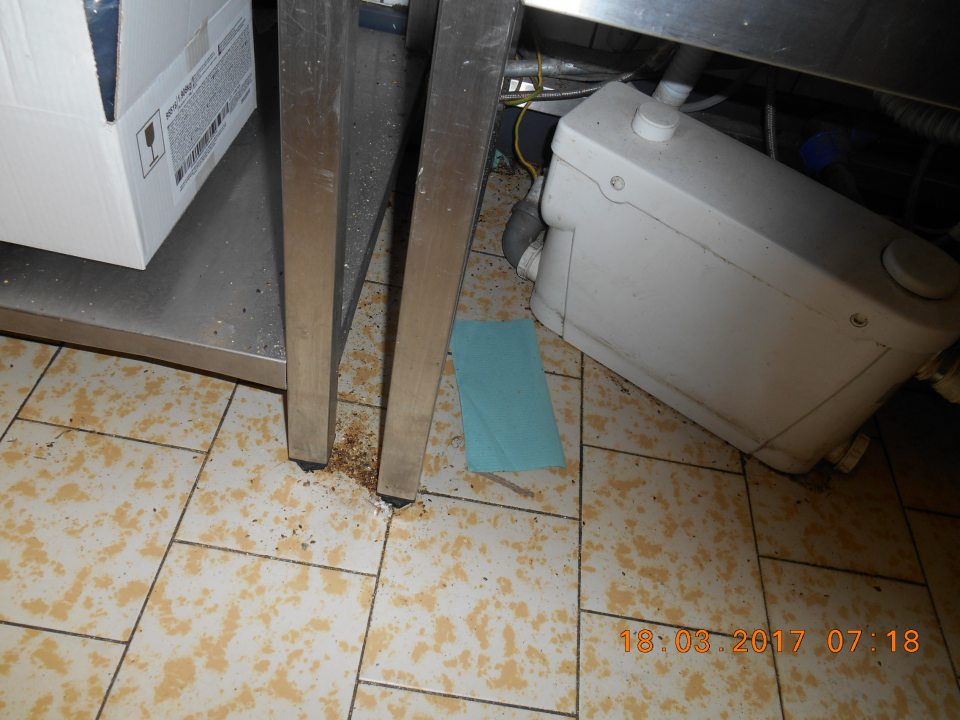 Nahromadené nečistoty na podlahe v priestore dopeku pekárskych výrobkov medzi jednotlivými zariadeniami.