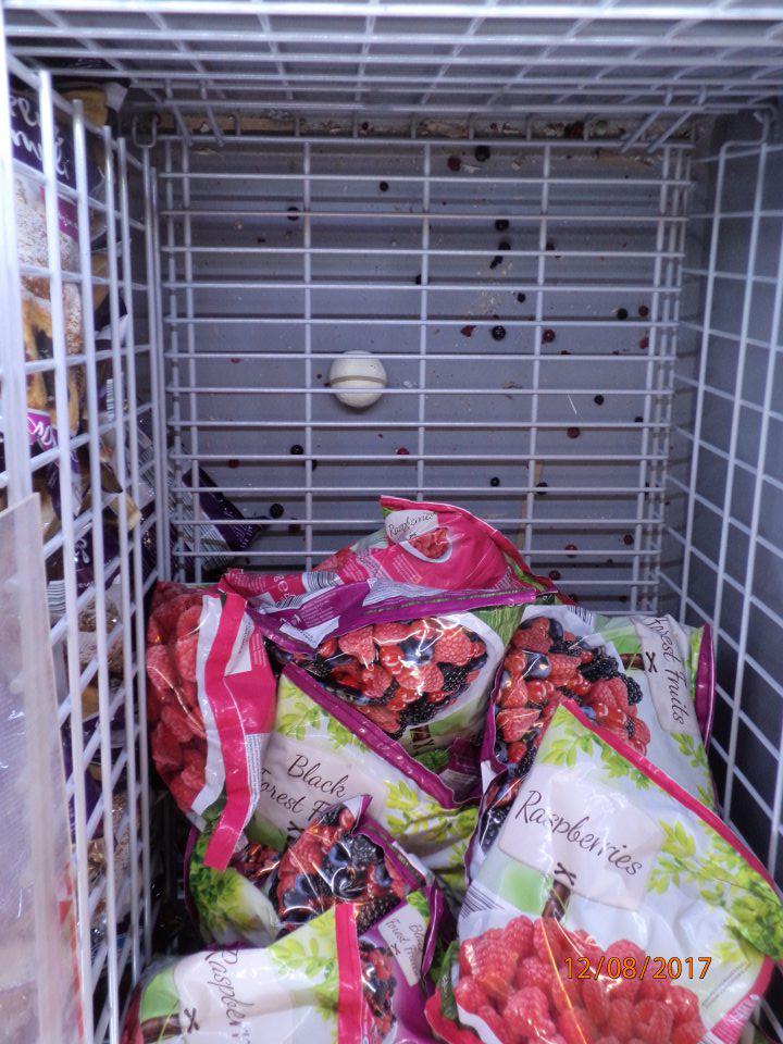 Mraziace zariadenie na predajnej ploche znečistené zbytkami potravín.