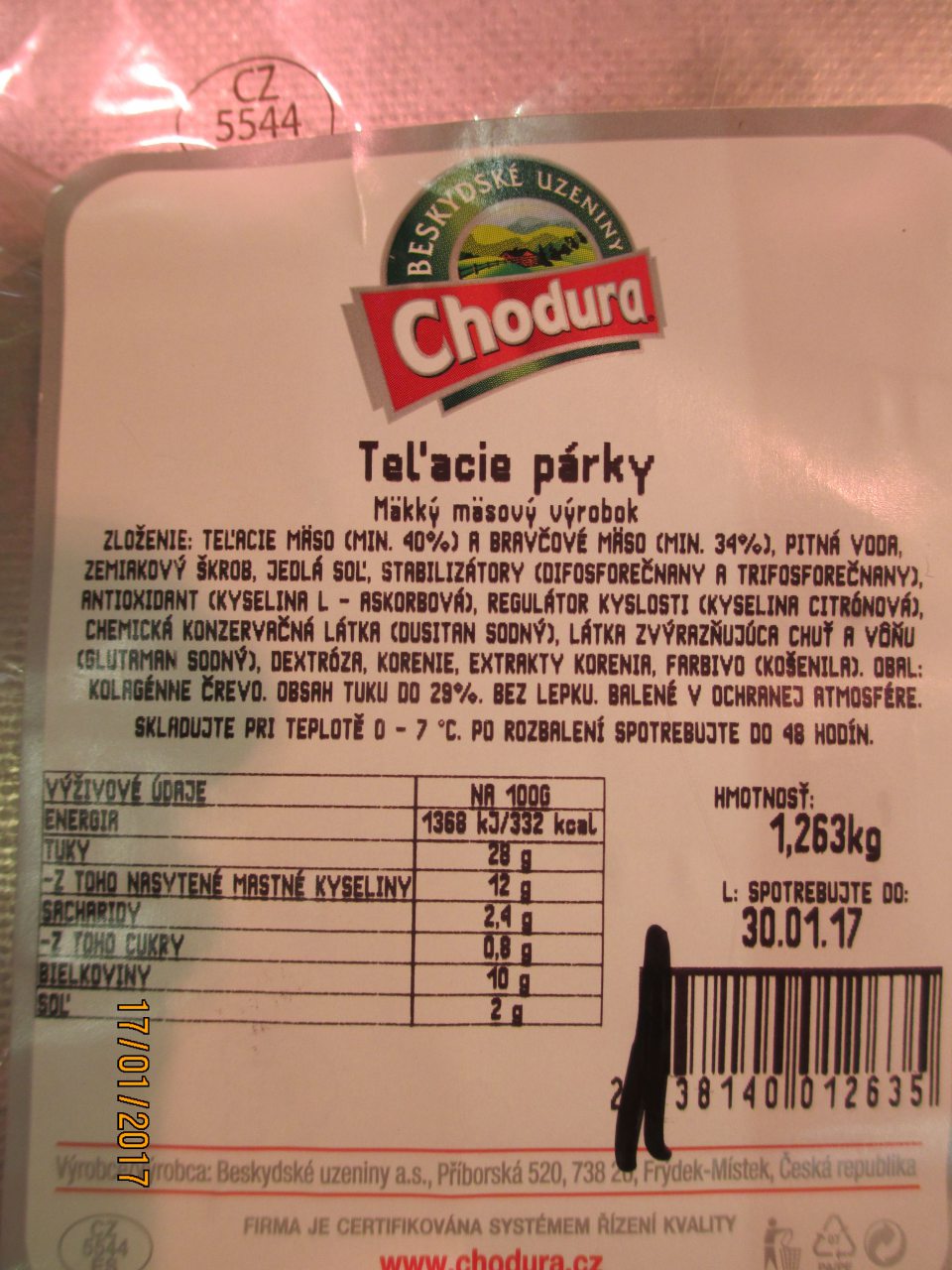 Nesúlad údajov v označení na originálnej etikete s údajmi z váhy - kolagénne črevo - tento údaj chýba na etikete z váhy.