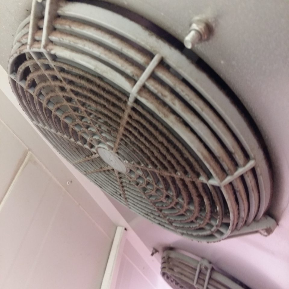 Znečistený kryt ventilátora v chladiacom boxe na mäsové výrobky.
