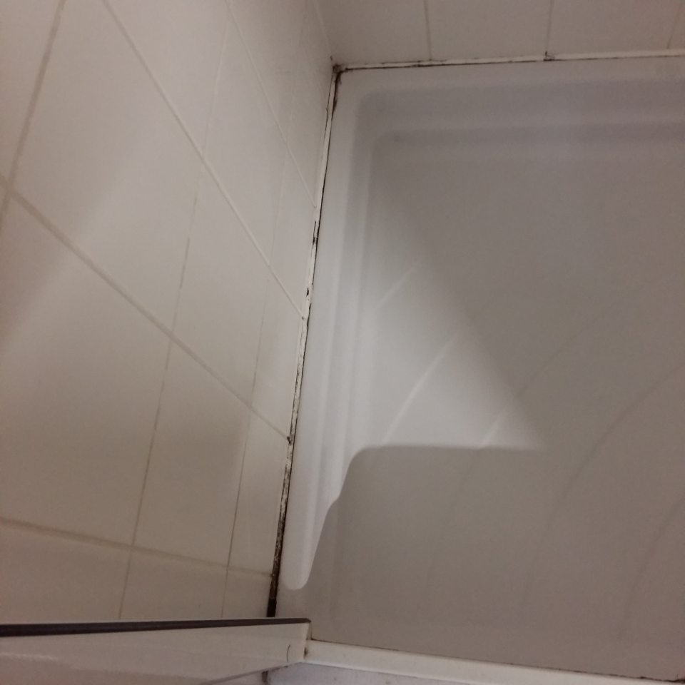 Znečistená tesnenie vaničky na sprchovacom kúte v dámsej šatni.