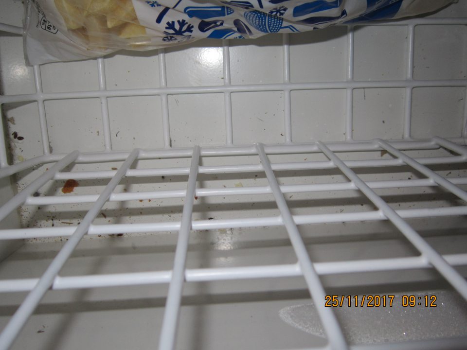 Znečistené dno mraziaceho boxu napadanými nečistotami.