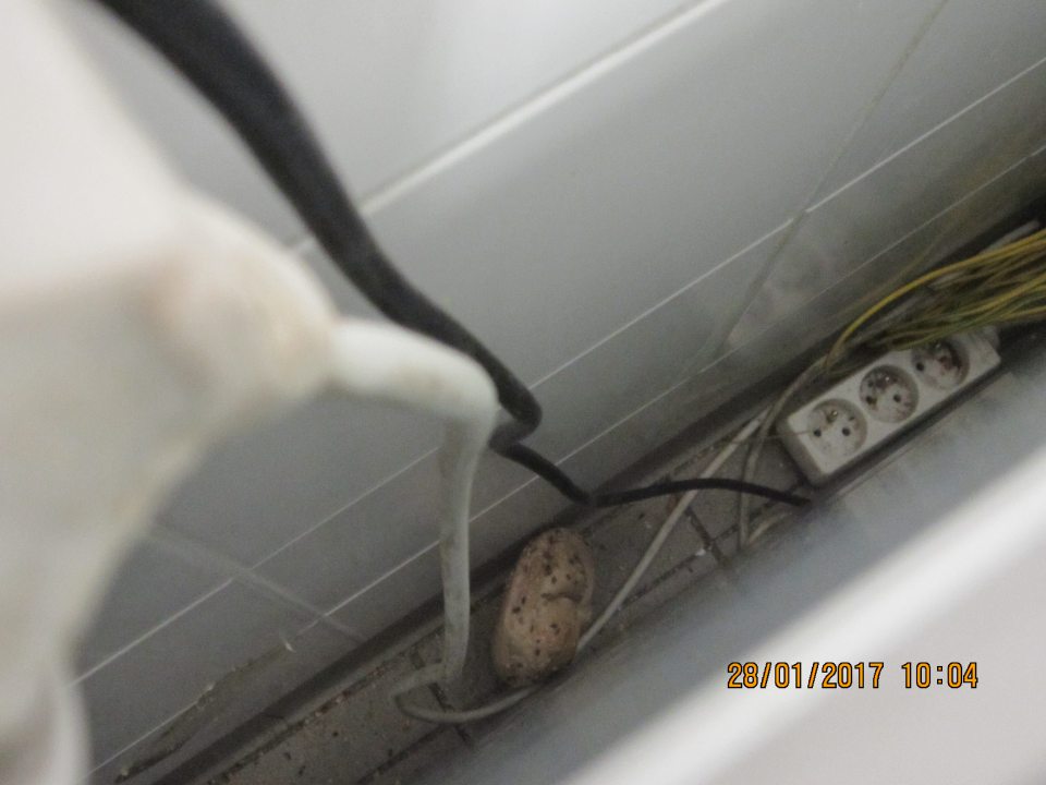 Za mraziacim zariadením znečistená podlaha nánosom prachu, nečistotami.