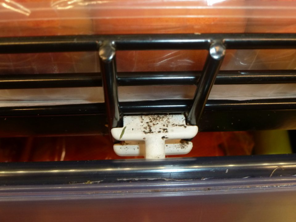 Znečistené plastové úchytky na cenovky v chladiacom zariadení pre ovocie a zeleninu.