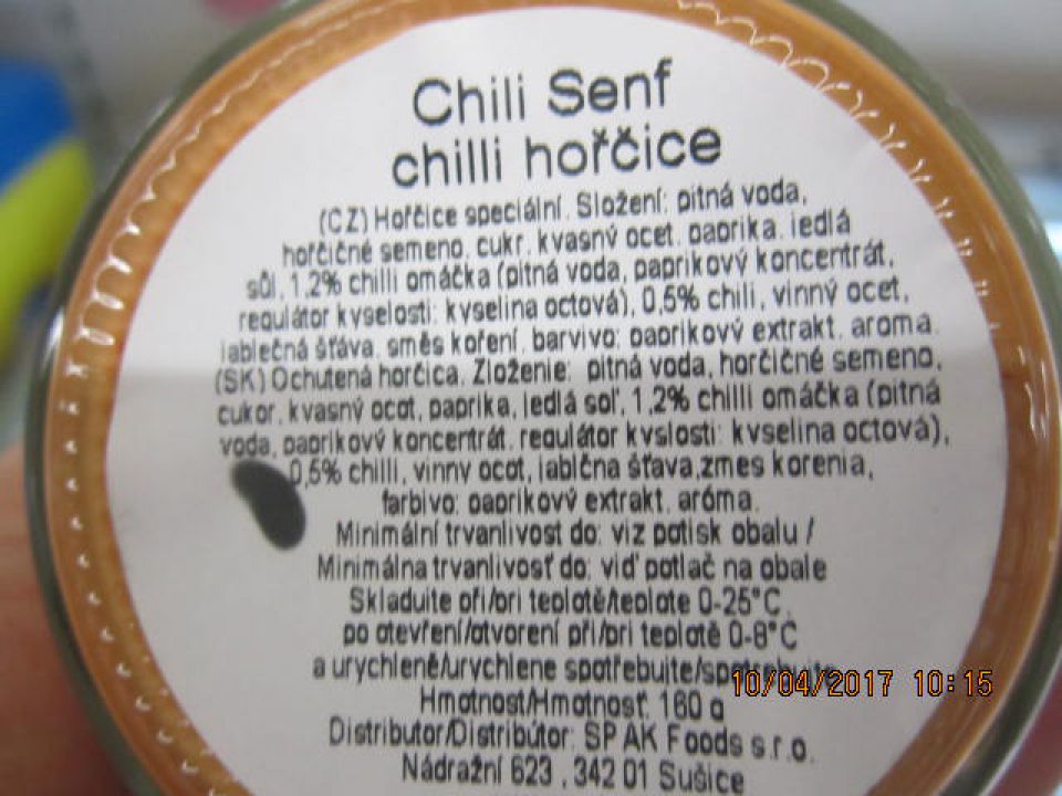 Ochutená horčica 180g - chilli horčica, na etikete v označení nezvýraznená zložka spôsobujúca intoleranciu "horčičné semeno".