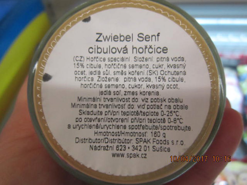 Ochutená horčica 180g - cibuľová horčica, na etikete v označení nezvýraznená zložka spôsobujúca intoleranciu "horčičné semeno".