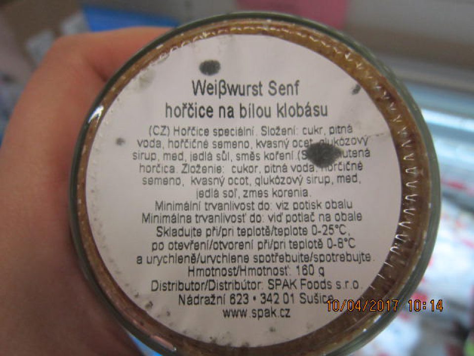 Ochutená horčica 180g - horčice na bílou klobásu, na etikete v označení nezvýraznená zložka spôsobujúca intoleranciu "horčičné semeno". 