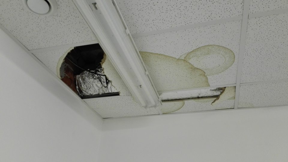 Poškodené a zatečené stropné kazety v prípravovni pekárskych polotovarov.