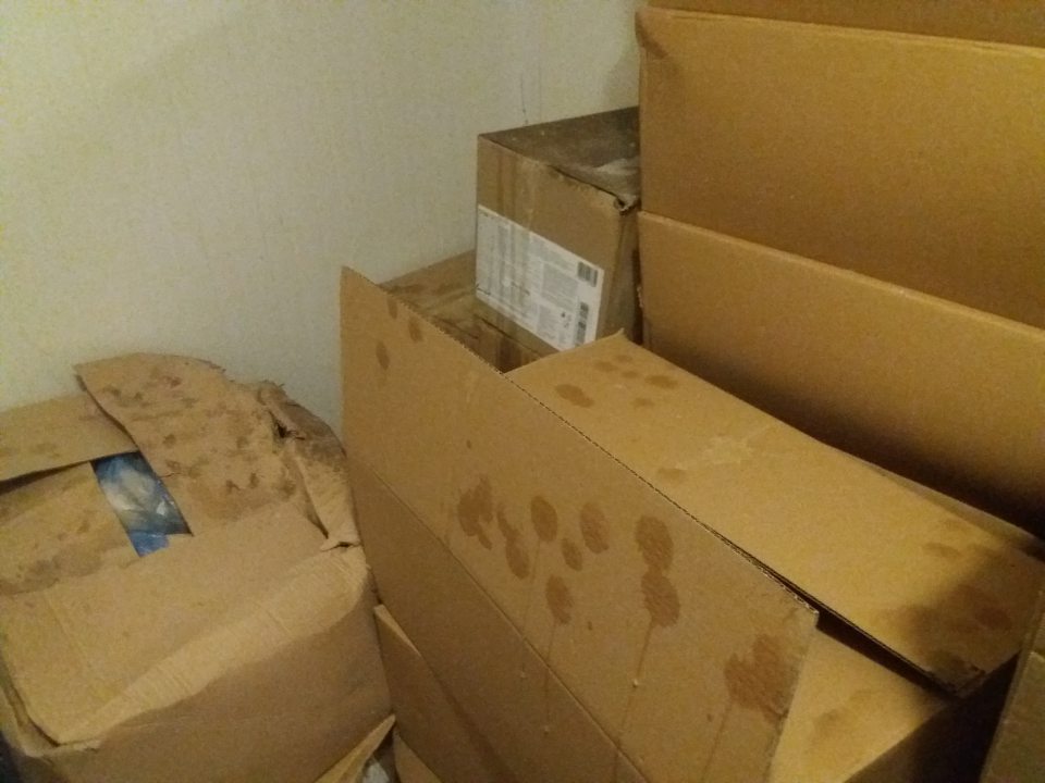 Kartónové krabice s hlbokozmrazenými polotovarmi so zamrznutým kondenzátom v mraziacom boxe oddelenia dopekania pekárskych polotovarov.