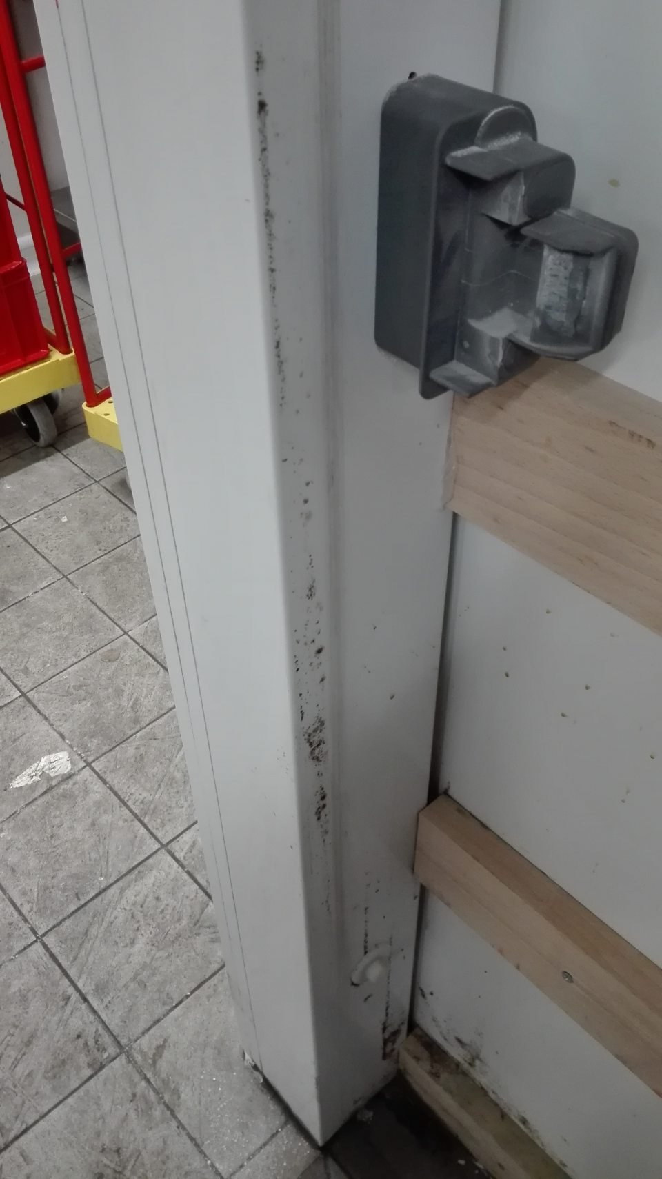 Znečistená zárubňa s výskytom plesne a priľahlá stena, výrazne znečistená podlaha v chladenom sklade mäsových výrobkov.