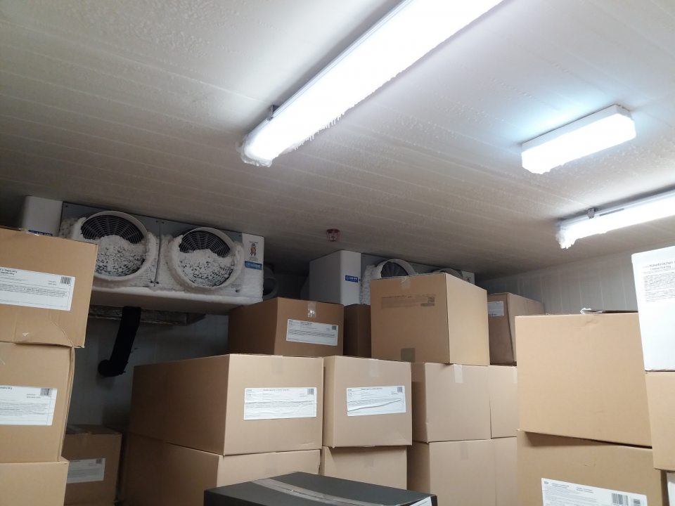 Námraza v mraziacom boxe pekárskych výrobkov.