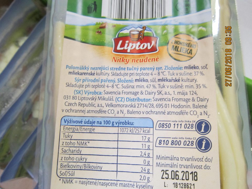 Tovar po DMT:Nitky neúdené,polomäkký nezrejúci stredne tučný parený syr,DMT:25.06.2018 