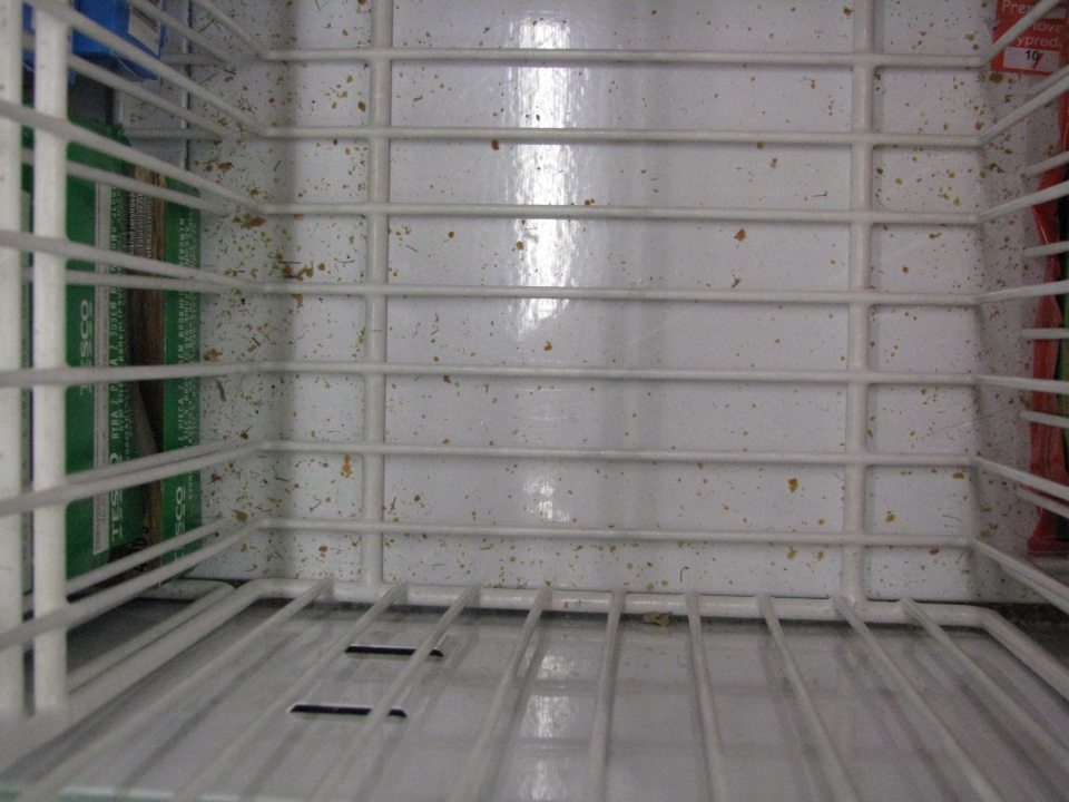 Úložná plocha mraziaceho zariadenia znečistená.