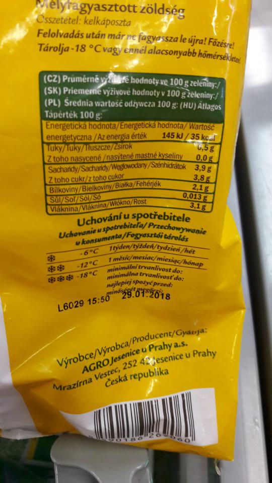 Výrobok po DMT - Agro Jesenice Kapusta (Kel), hlbokozmrazená zelenina, DMT: 29.01.2018, hmotnosť: 1,0kg, cena: 2,64€