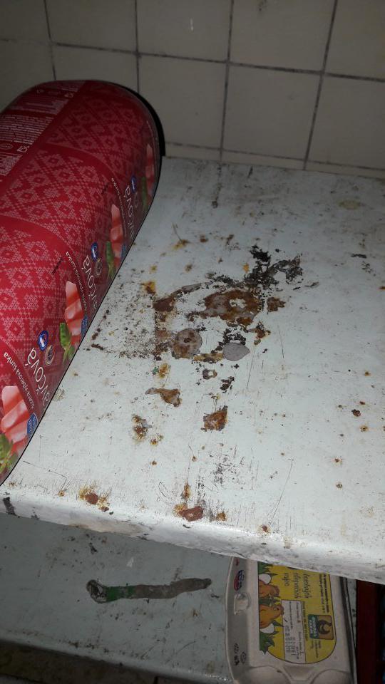 V chladiacom boxe mäsových výrobkov - poškodené úložné plochy regálov - korózia.