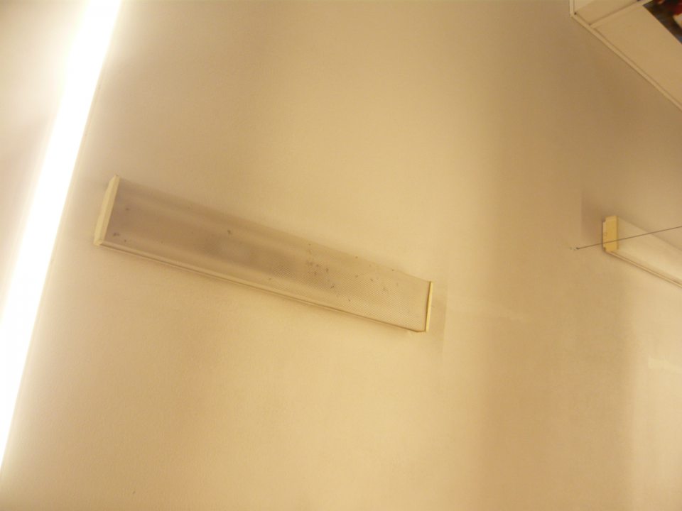 Znečistené kryty stropných svietidiel na predajnej ploche, s výskytom mŕtveho hmyzu.