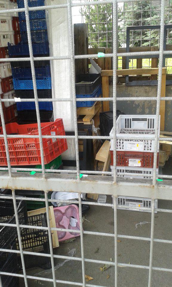 Vo vonkajšom prostredí v blízkosti príjmovej rampy umiestnená kovová klietka s neusporiadanými  predmetmi, odpadom z obalmi, výskyt čiernych a mastných nečistôt na asfalte pri príjme potravín.