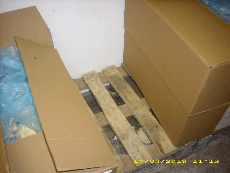 Výskyt nečistôt, zbytkov polotovarov pod paletami s mrazenými polotovarmi v mraziacej bunke, podlaha znečistená.