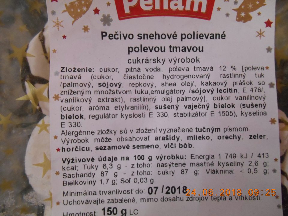 Nedostatok v označení výrobku: Pečivo snehové polievané polevou tmavou, 150 g, cukrársky výrobok- na obale uvedené: "Minimálna trvanlivosť do: 07/2018, správne má byť : "Minimálna trvanlivosť do konca:...".