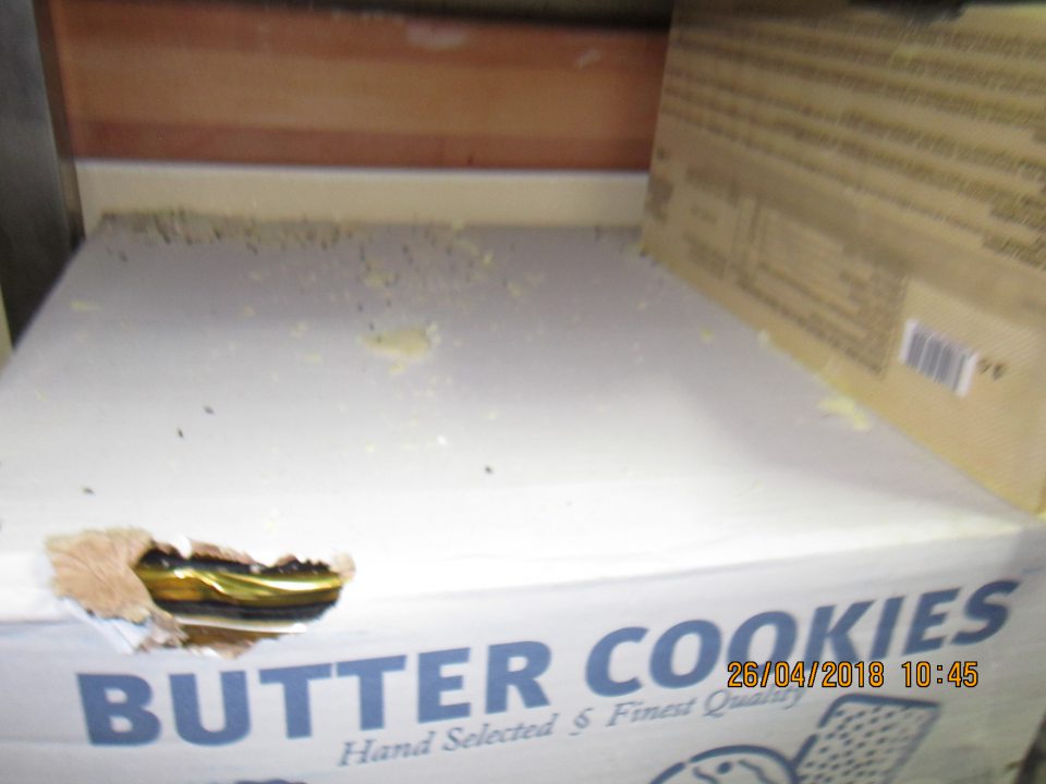 Sklad: exkrementy hlodavcov a nahryzené potraviny.