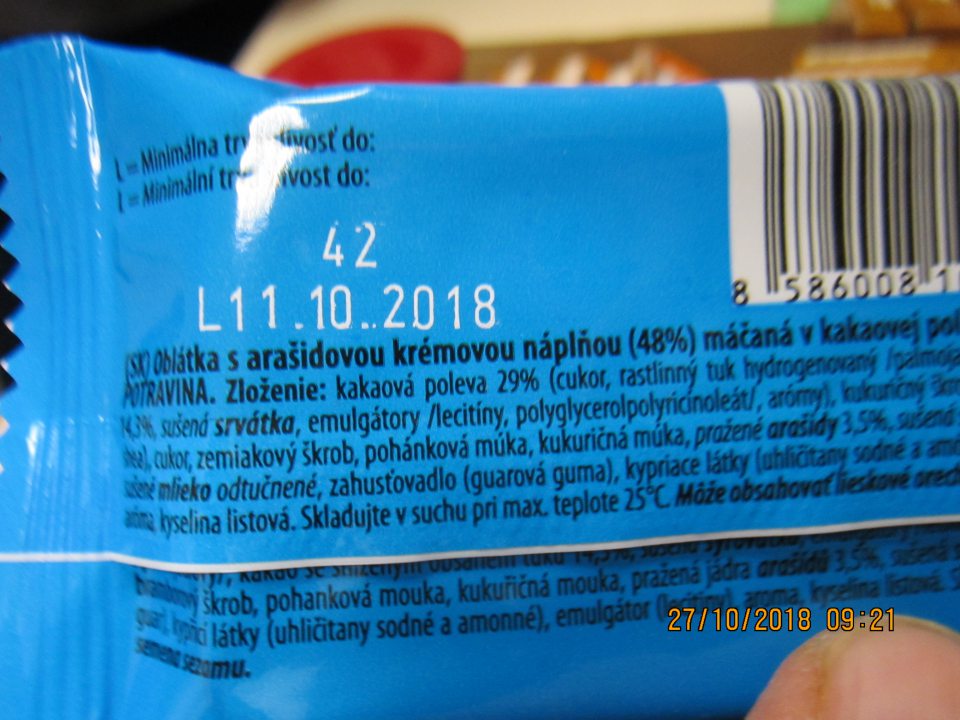 po DS/DMT:Oblátka s arašidovou krémovou náplňou máčaná v kakaovej poleve bezgluténová 35g, 9ks, DMT: 11.10.2018 7