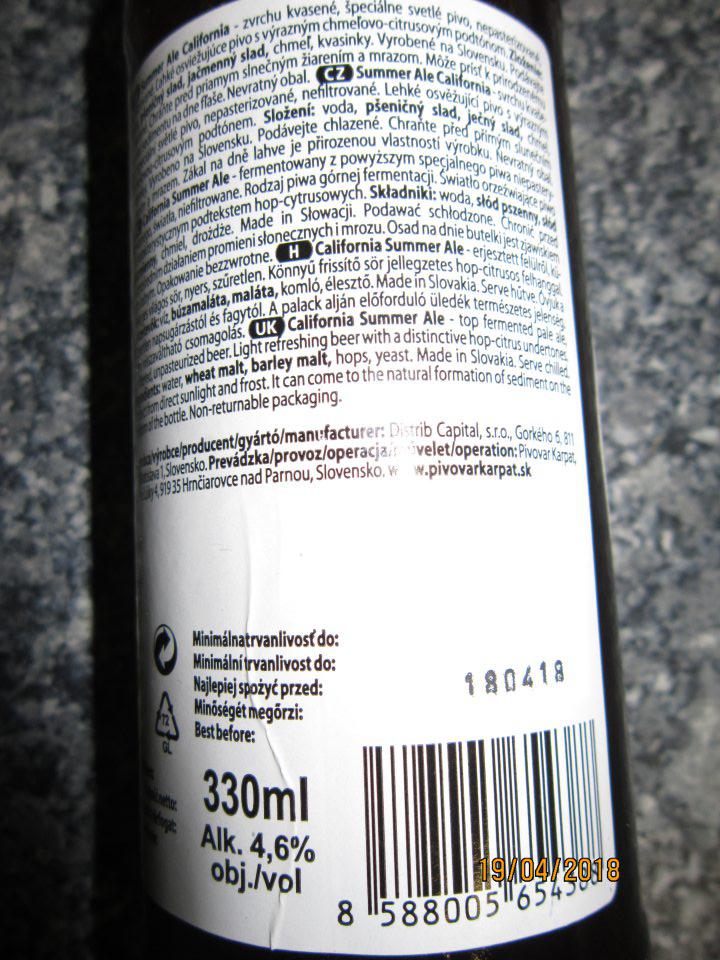 Predaj jedného druhu výrobku - Summer Ale California, z vrchu kvasené, špeciálne svetlé pivo, nepasterizované, nefiltrované 330 ml, DMT : 18.4.2019, 20ks, á 1,35 eur.