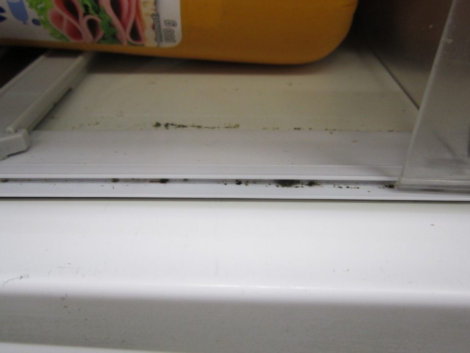 Na predajnej ploche v chladiacom zariadení na úseku uchovávania mäsových výrobkov znečistená zarážka na regály. 