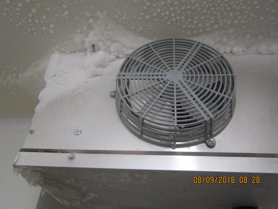 V zázemí prevádzky, v mraziacom boxe námraza na agregáte a strope.