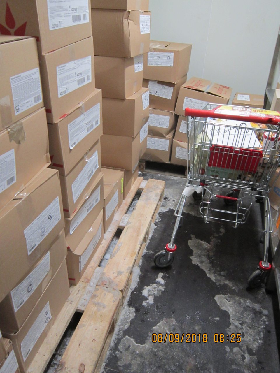 V zázemí prevádzky, v mraziacom boxe ľad na podlahe a pod paletami.